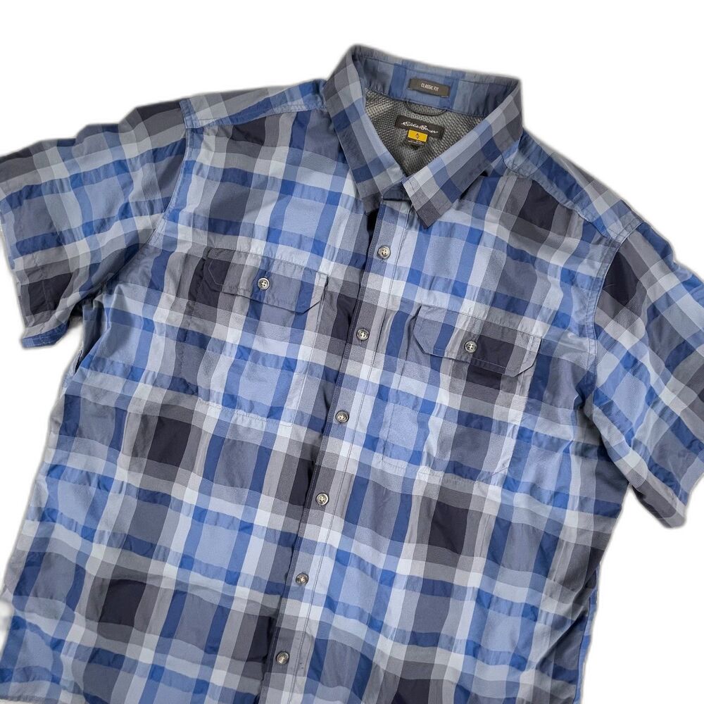 Eddie Bauer 2X Blue Plaid Fishing Shirt Mesh Vent Short Sleeve Hiking Gorpcore *